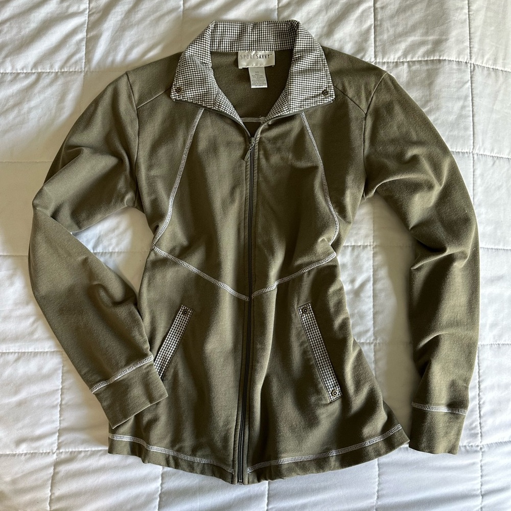 Olive Green Athletic Jacket with Houndstooth Collar